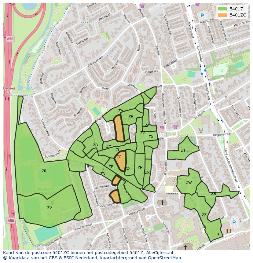 Afbeelding van het postcodegebied 5401 ZC op de kaart.
