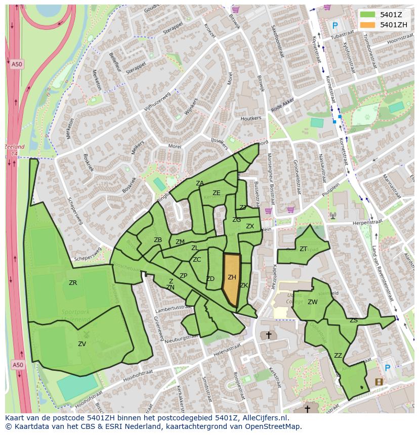 Afbeelding van het postcodegebied 5401 ZH op de kaart.