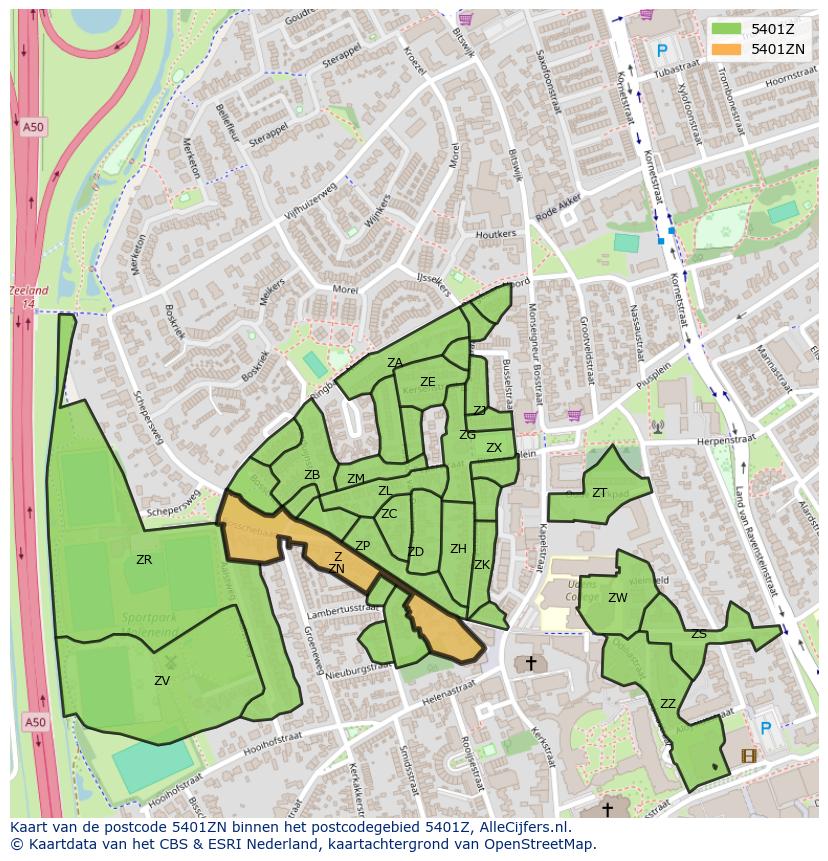Afbeelding van het postcodegebied 5401 ZN op de kaart.
