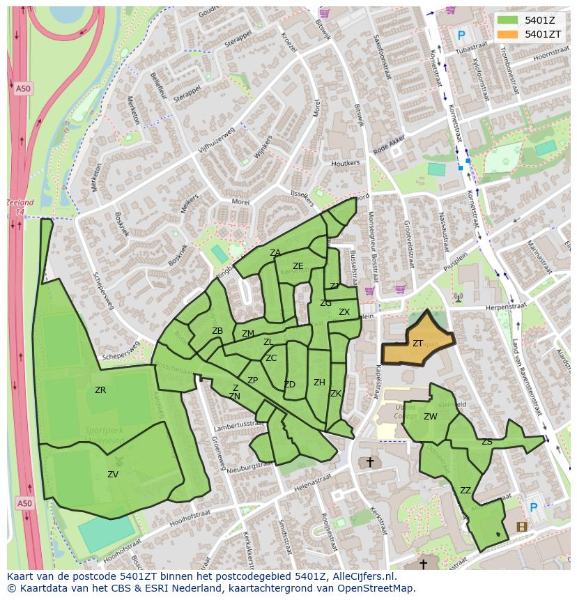 Afbeelding van het postcodegebied 5401 ZT op de kaart.