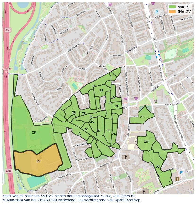 Afbeelding van het postcodegebied 5401 ZV op de kaart.