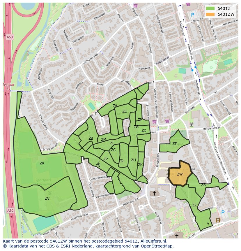 Afbeelding van het postcodegebied 5401 ZW op de kaart.