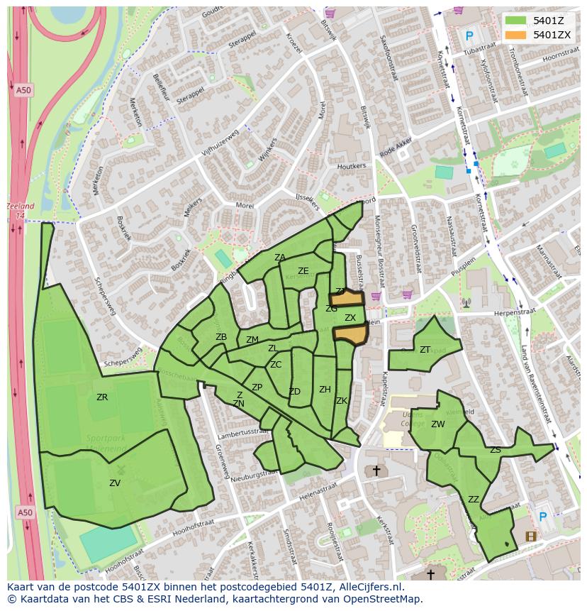 Afbeelding van het postcodegebied 5401 ZX op de kaart.