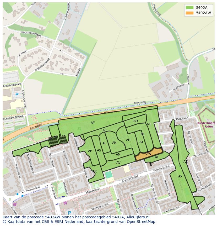 Afbeelding van het postcodegebied 5402 AW op de kaart.