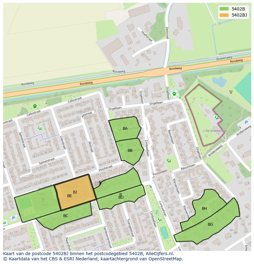 Afbeelding van het postcodegebied 5402 BJ op de kaart.