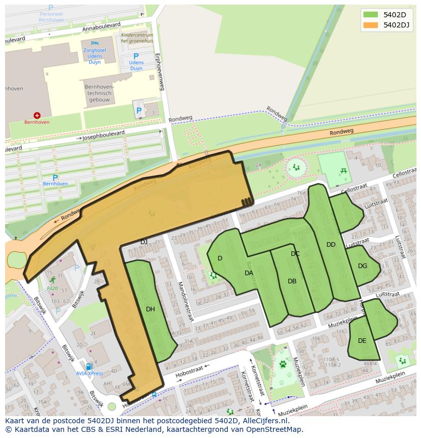 Afbeelding van het postcodegebied 5402 DJ op de kaart.