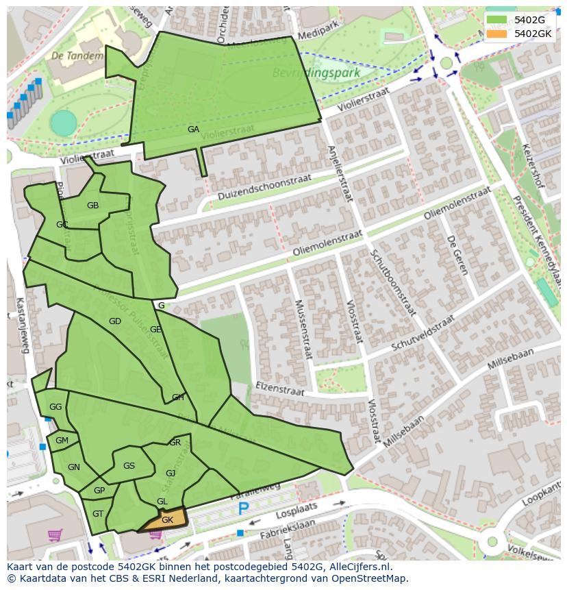Afbeelding van het postcodegebied 5402 GK op de kaart.