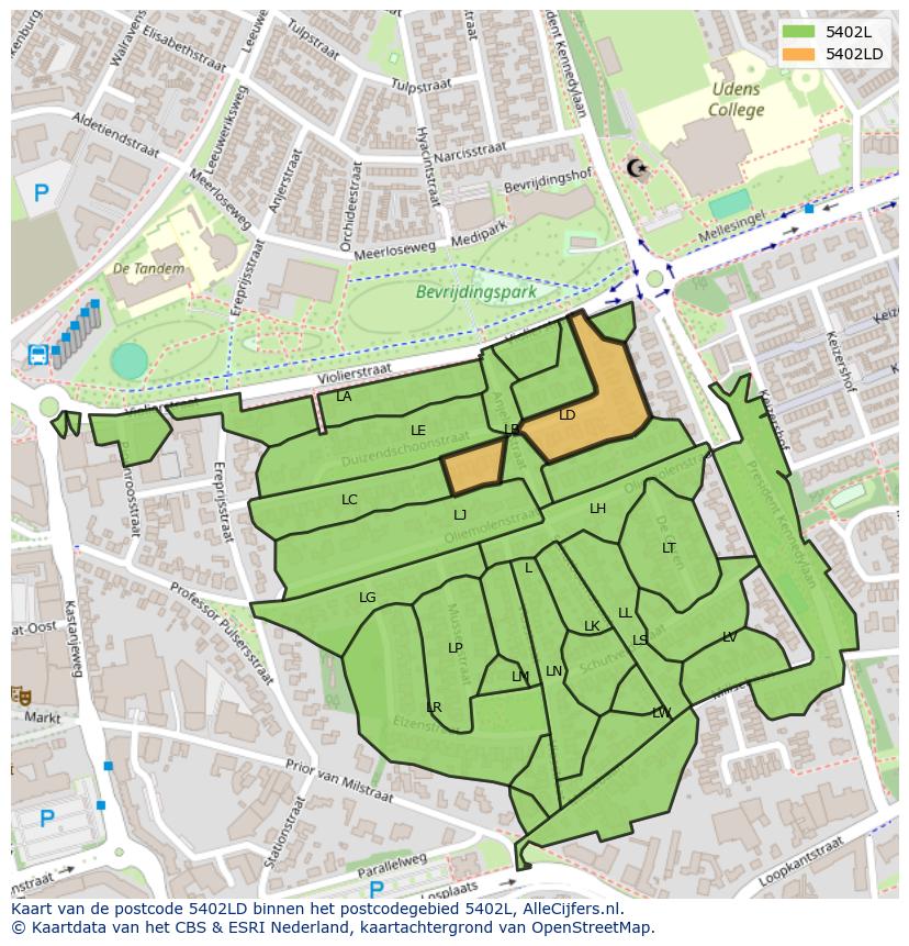 Afbeelding van het postcodegebied 5402 LD op de kaart.