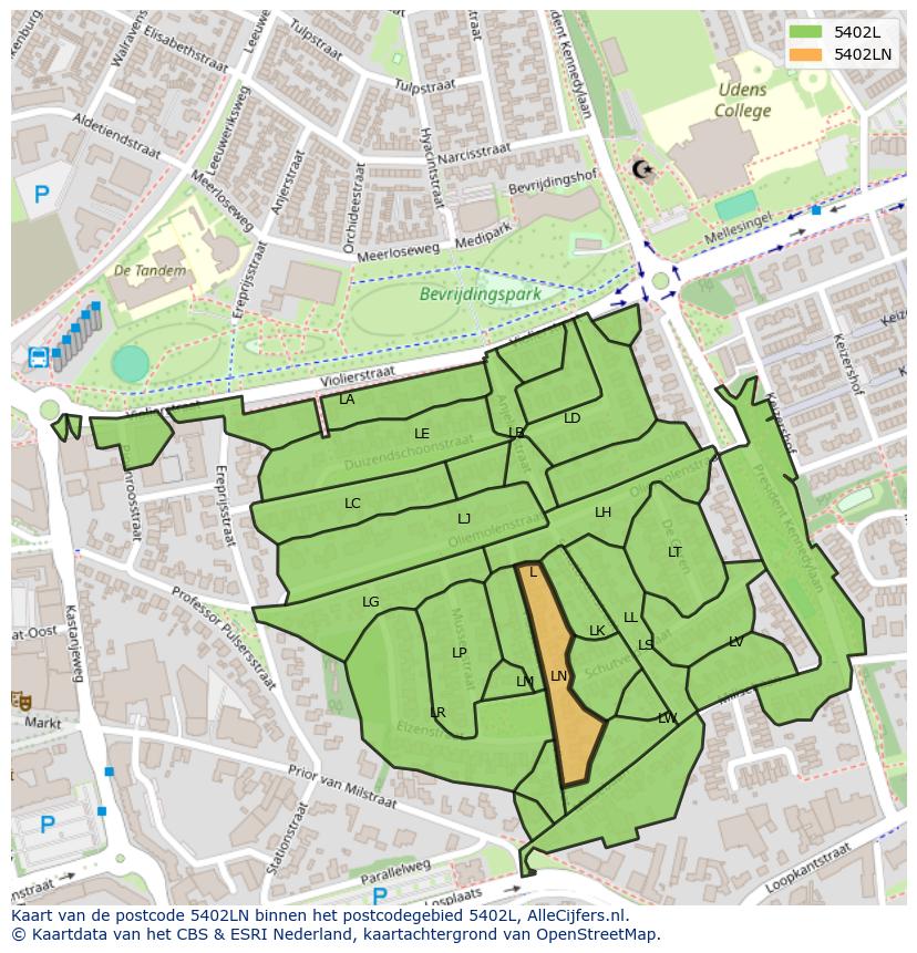 Afbeelding van het postcodegebied 5402 LN op de kaart.