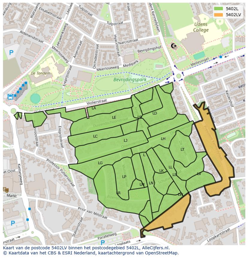 Afbeelding van het postcodegebied 5402 LV op de kaart.
