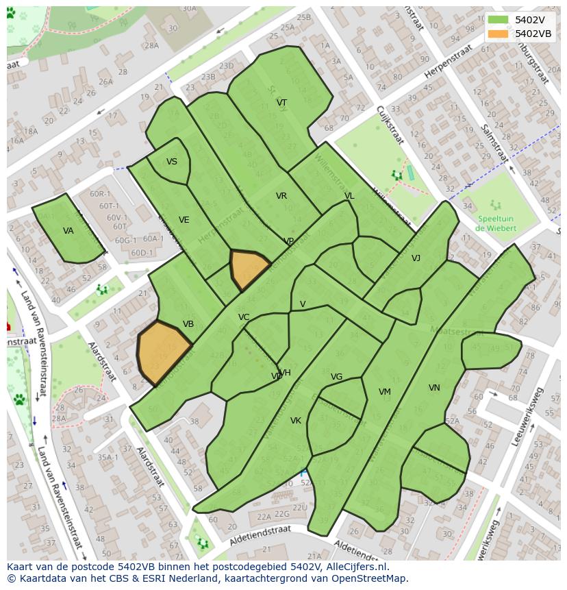 Afbeelding van het postcodegebied 5402 VB op de kaart.