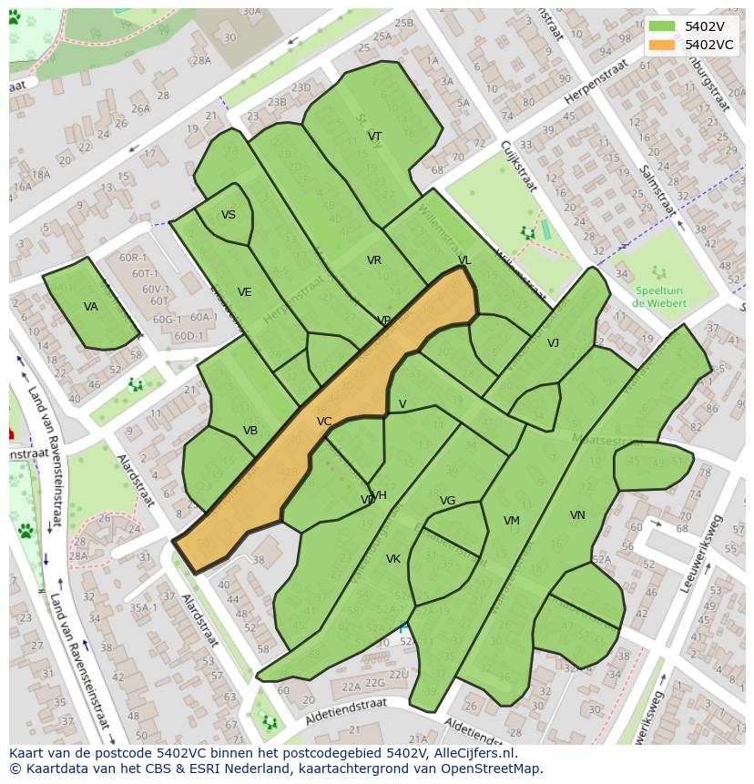 Afbeelding van het postcodegebied 5402 VC op de kaart.