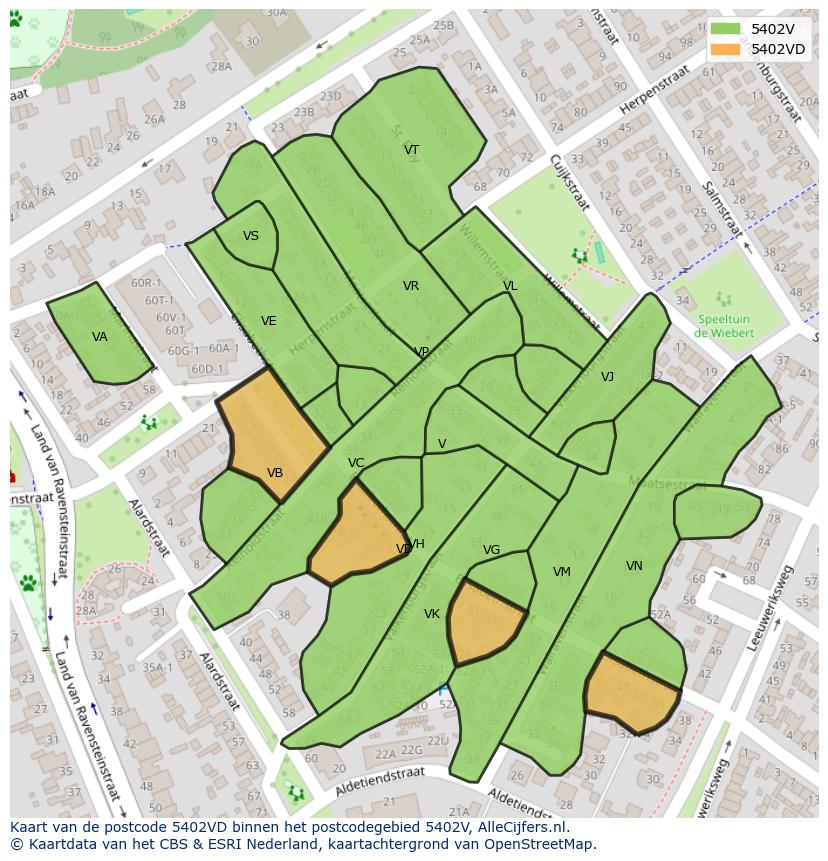 Afbeelding van het postcodegebied 5402 VD op de kaart.