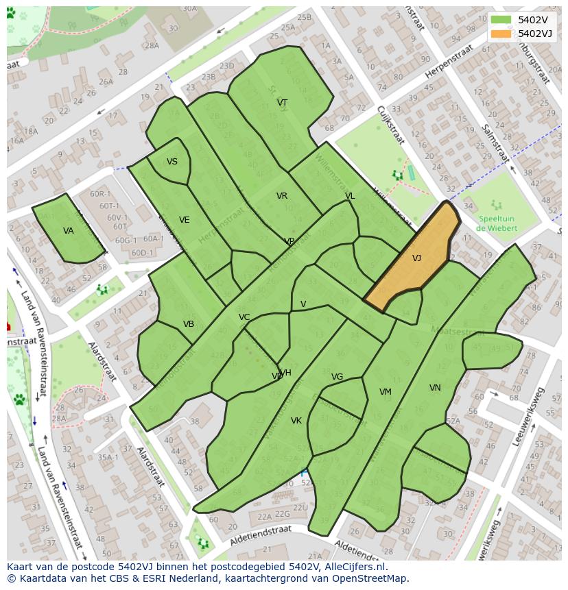 Afbeelding van het postcodegebied 5402 VJ op de kaart.