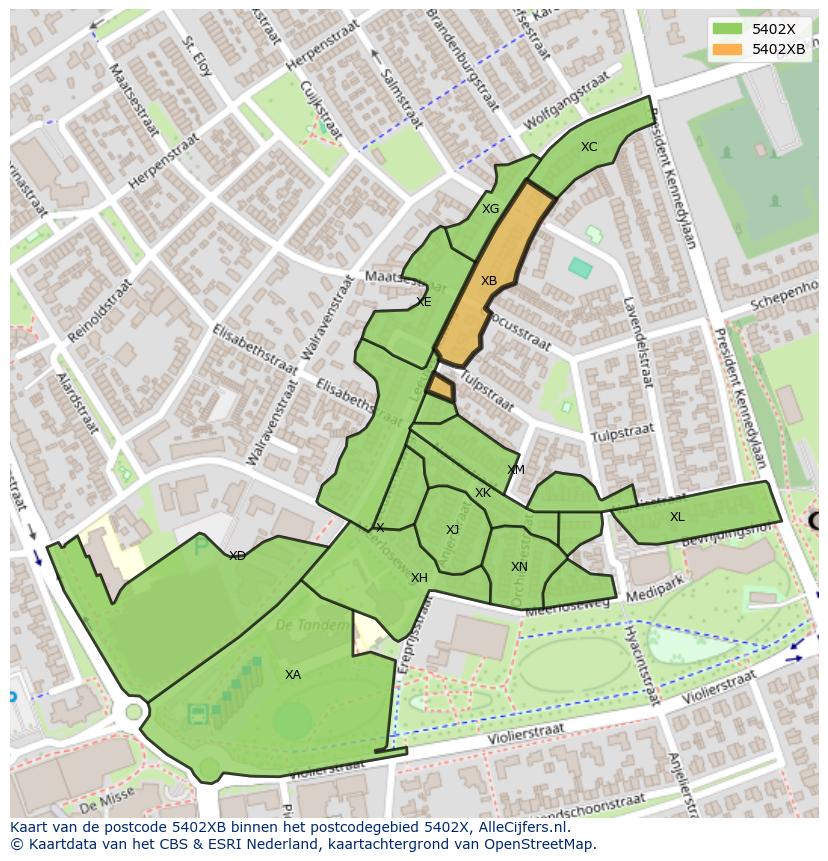 Afbeelding van het postcodegebied 5402 XB op de kaart.