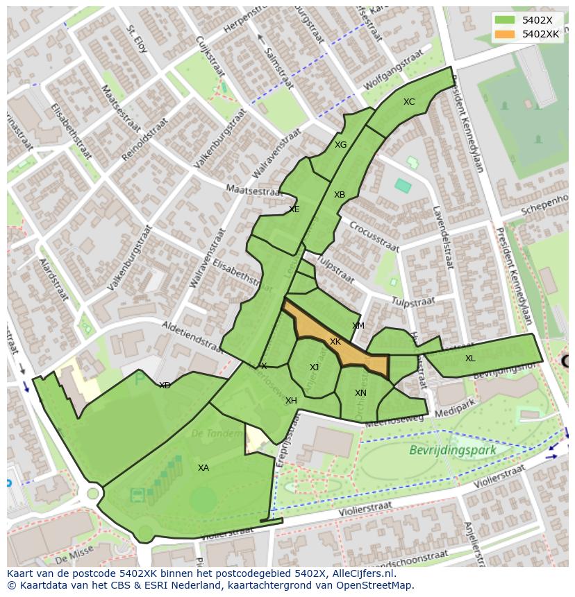 Afbeelding van het postcodegebied 5402 XK op de kaart.