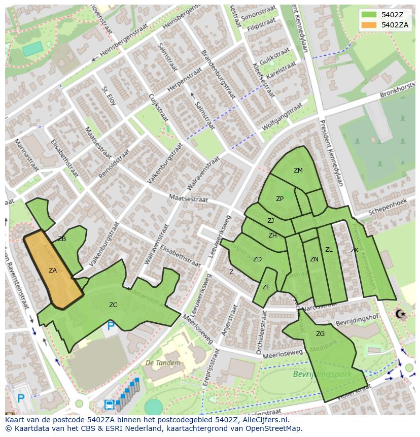 Afbeelding van het postcodegebied 5402 ZA op de kaart.