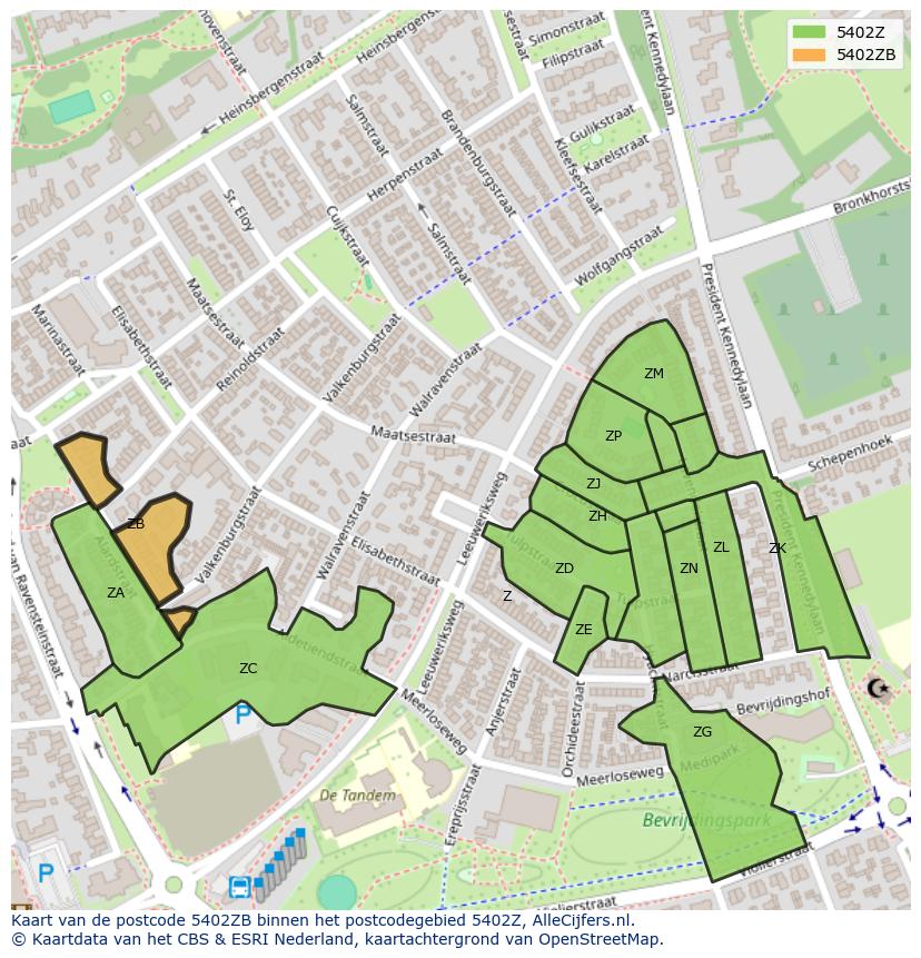 Afbeelding van het postcodegebied 5402 ZB op de kaart.