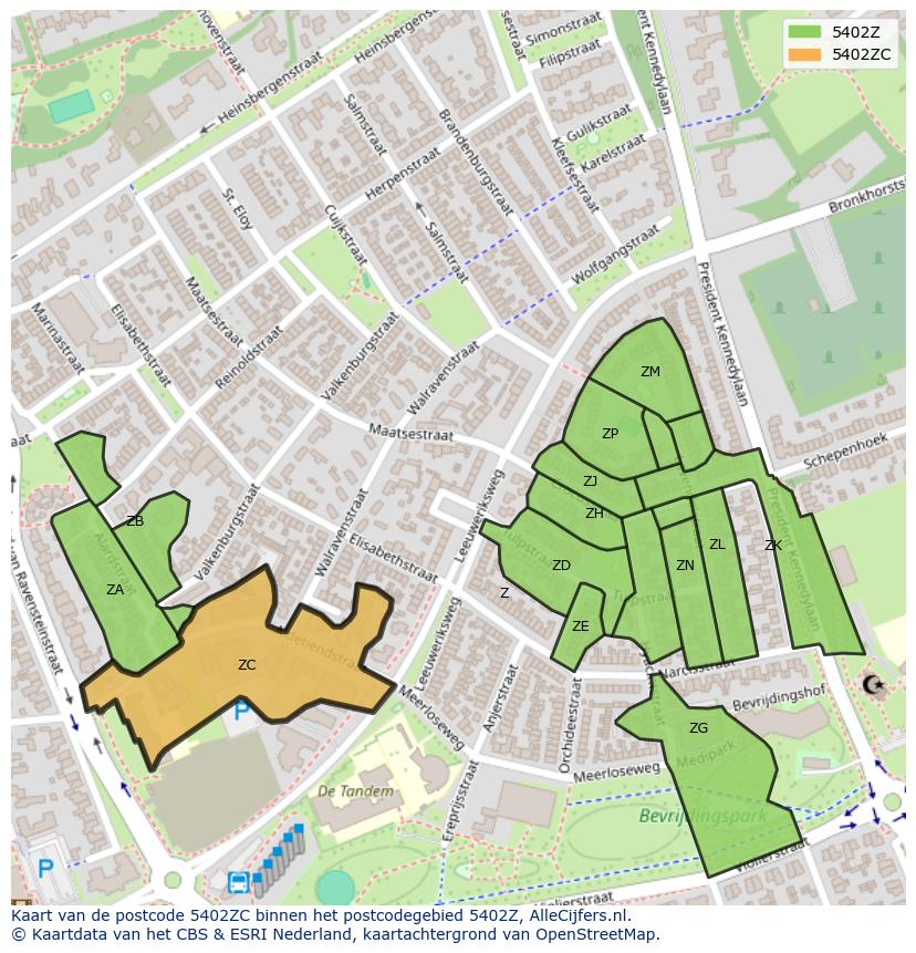 Afbeelding van het postcodegebied 5402 ZC op de kaart.
