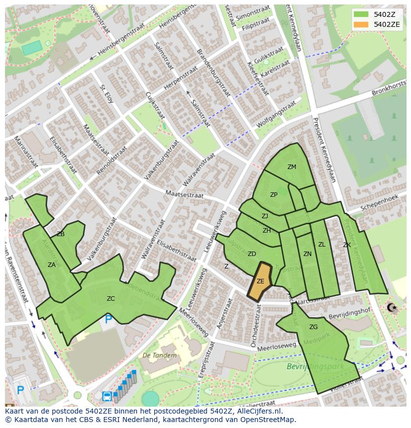 Afbeelding van het postcodegebied 5402 ZE op de kaart.