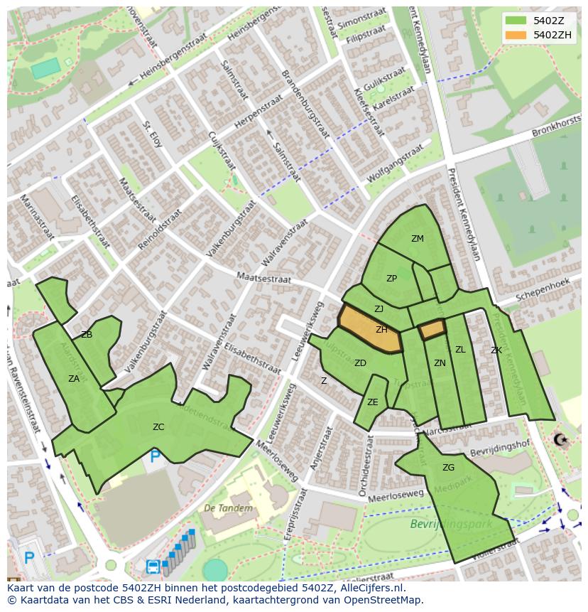 Afbeelding van het postcodegebied 5402 ZH op de kaart.