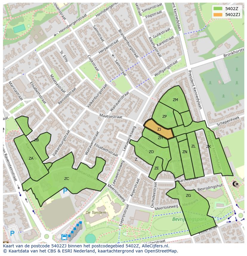Afbeelding van het postcodegebied 5402 ZJ op de kaart.
