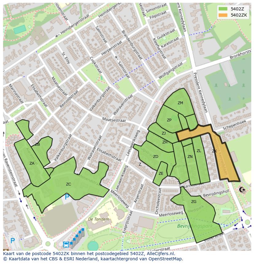 Afbeelding van het postcodegebied 5402 ZK op de kaart.