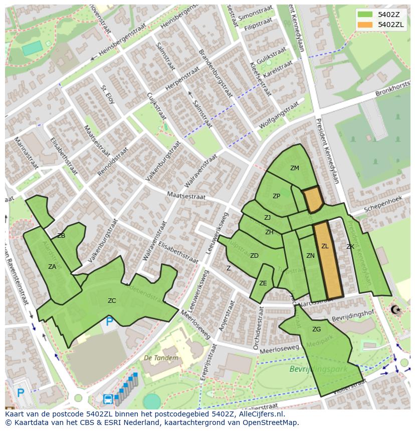Afbeelding van het postcodegebied 5402 ZL op de kaart.