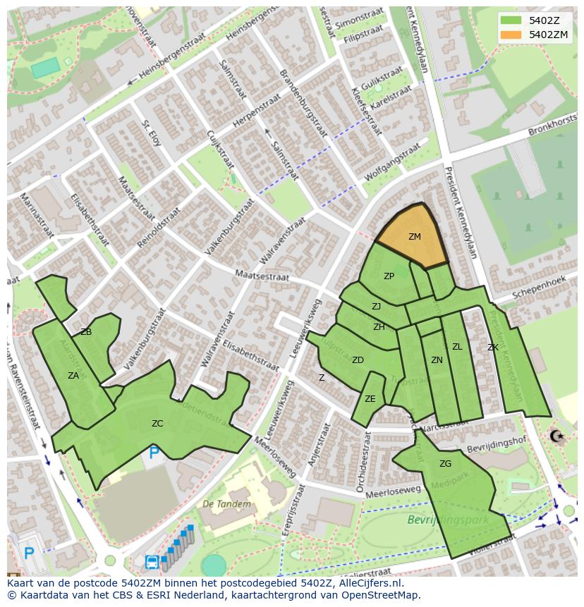 Afbeelding van het postcodegebied 5402 ZM op de kaart.