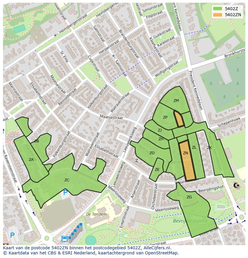 Afbeelding van het postcodegebied 5402 ZN op de kaart.