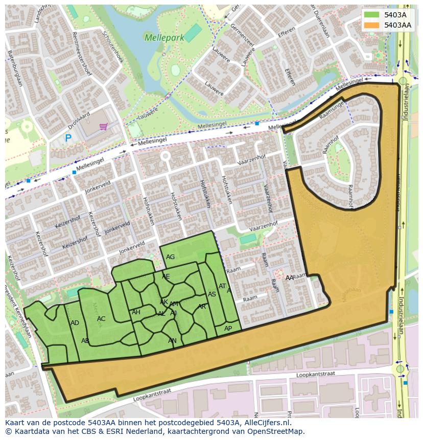 Afbeelding van het postcodegebied 5403 AA op de kaart.