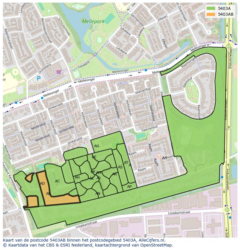 Afbeelding van het postcodegebied 5403 AB op de kaart.