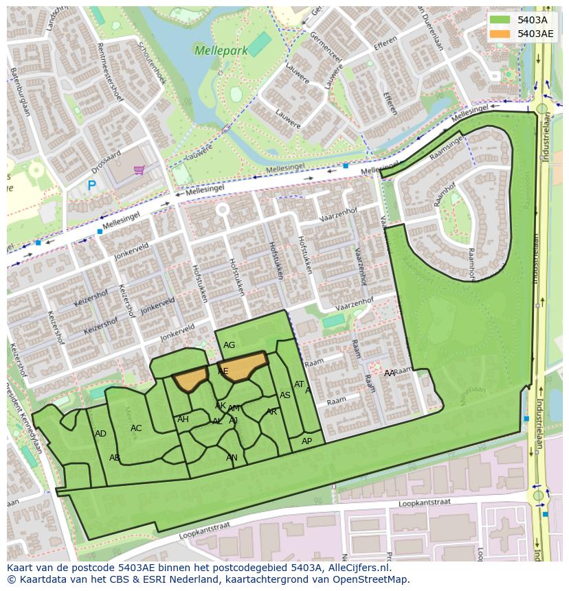 Afbeelding van het postcodegebied 5403 AE op de kaart.