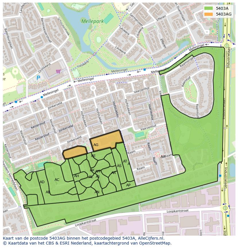 Afbeelding van het postcodegebied 5403 AG op de kaart.