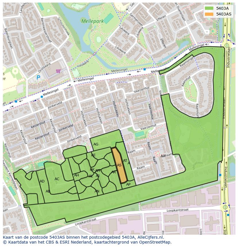 Afbeelding van het postcodegebied 5403 AS op de kaart.