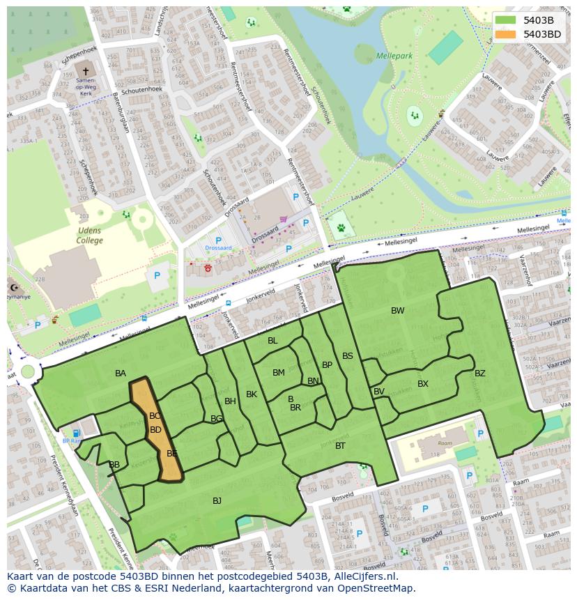 Afbeelding van het postcodegebied 5403 BD op de kaart.