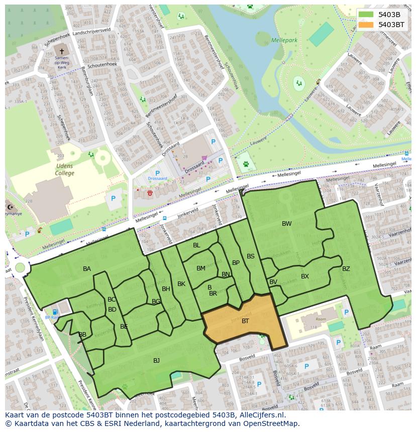 Afbeelding van het postcodegebied 5403 BT op de kaart.