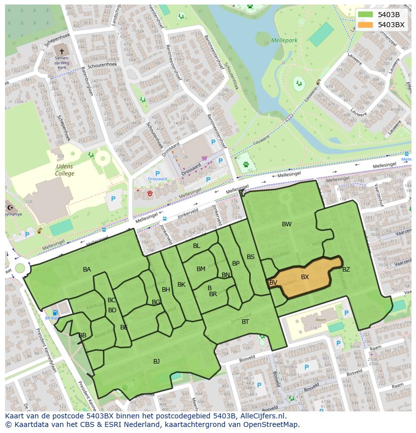 Afbeelding van het postcodegebied 5403 BX op de kaart.