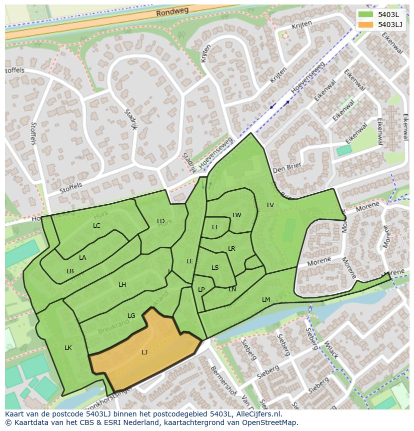 Afbeelding van het postcodegebied 5403 LJ op de kaart.