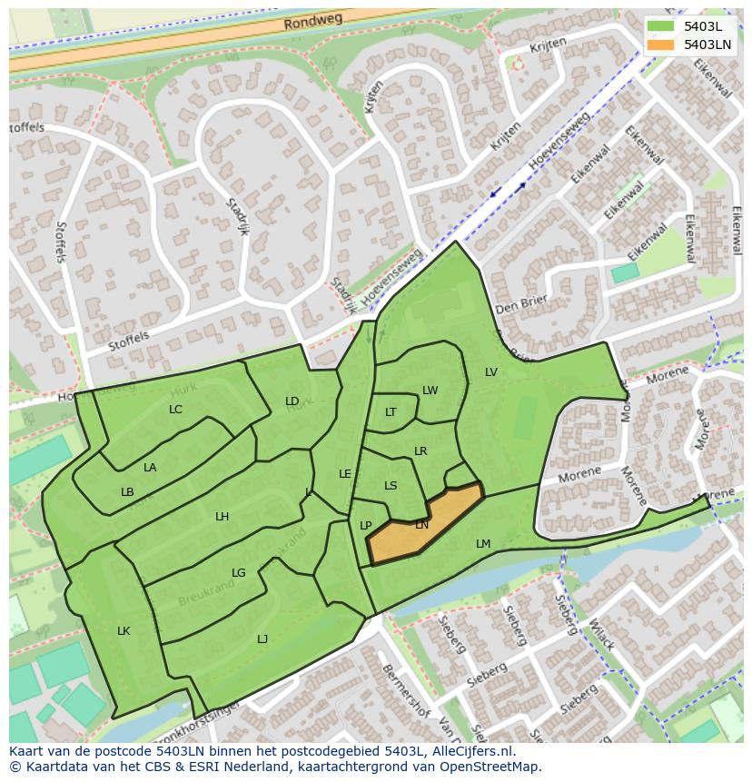 Afbeelding van het postcodegebied 5403 LN op de kaart.