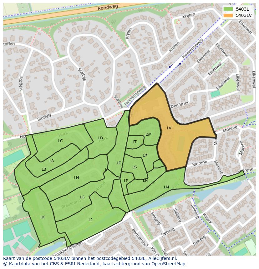 Afbeelding van het postcodegebied 5403 LV op de kaart.