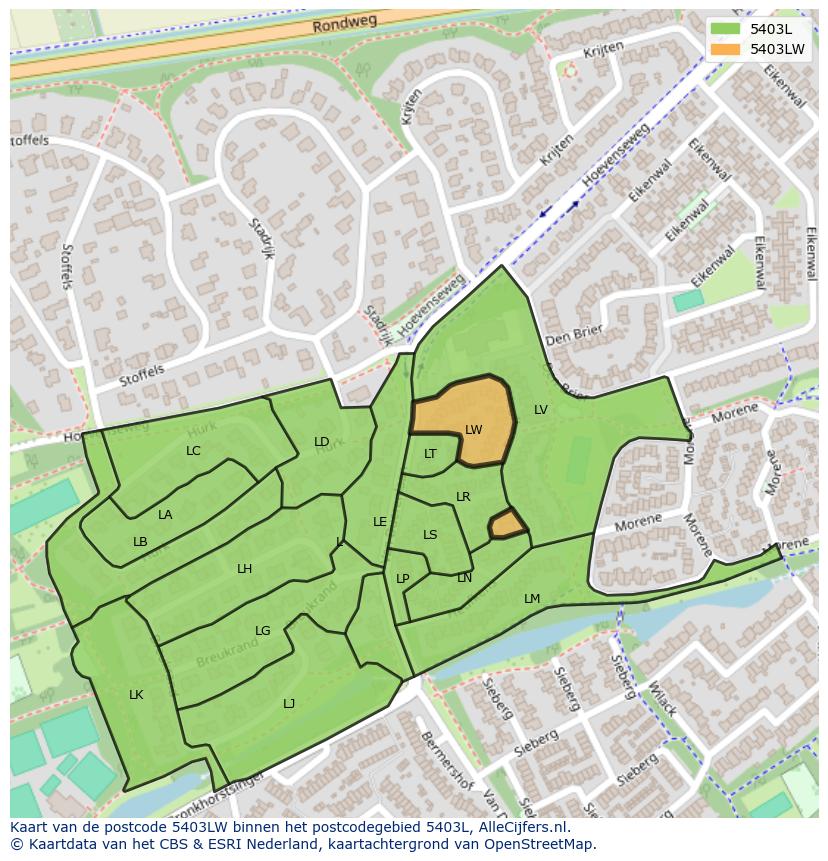 Afbeelding van het postcodegebied 5403 LW op de kaart.