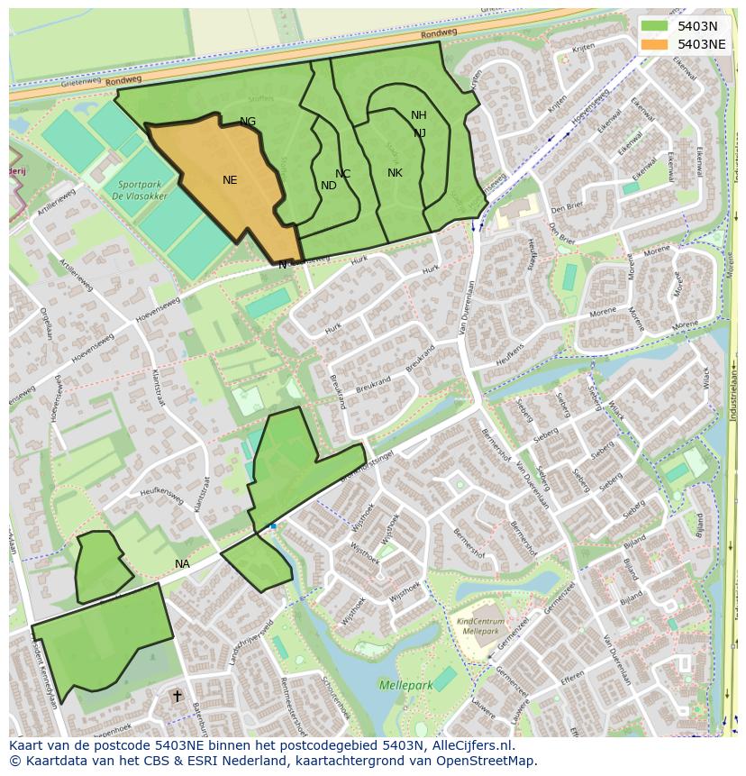 Afbeelding van het postcodegebied 5403 NE op de kaart.