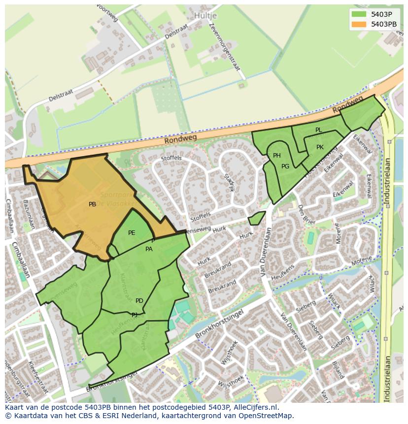 Afbeelding van het postcodegebied 5403 PB op de kaart.