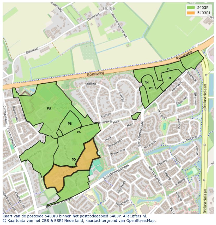 Afbeelding van het postcodegebied 5403 PJ op de kaart.