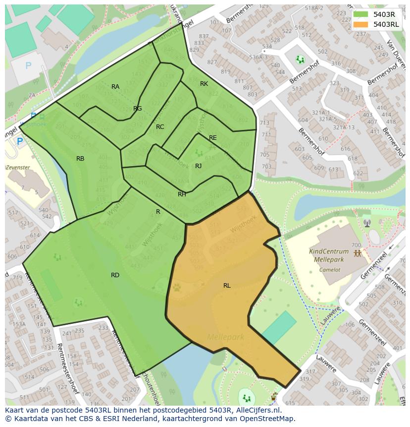Afbeelding van het postcodegebied 5403 RL op de kaart.