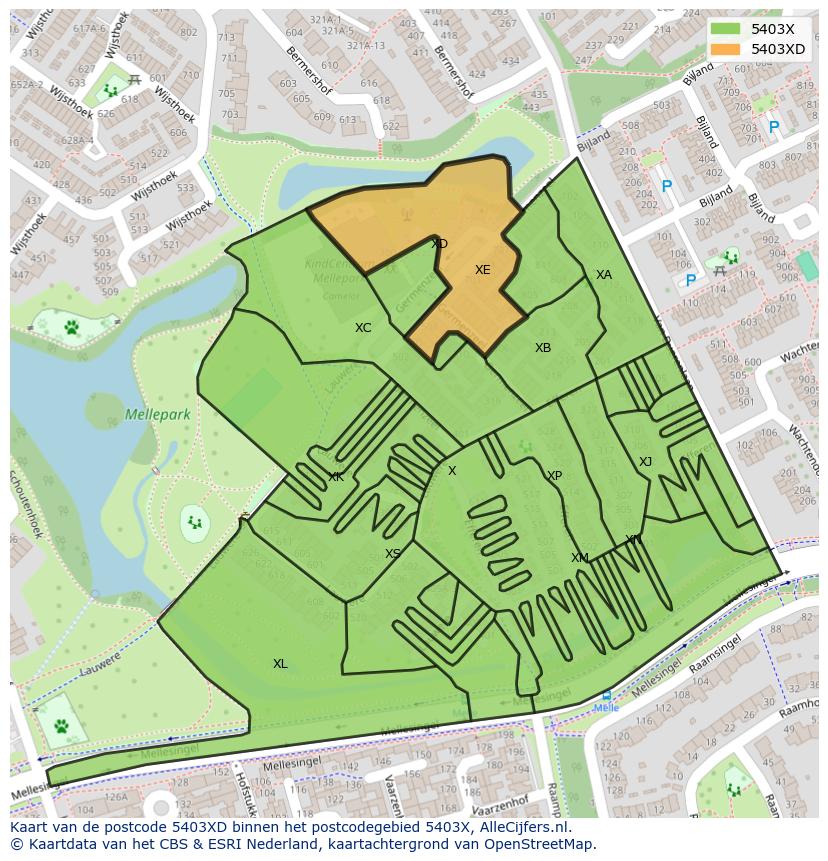 Afbeelding van het postcodegebied 5403 XD op de kaart.