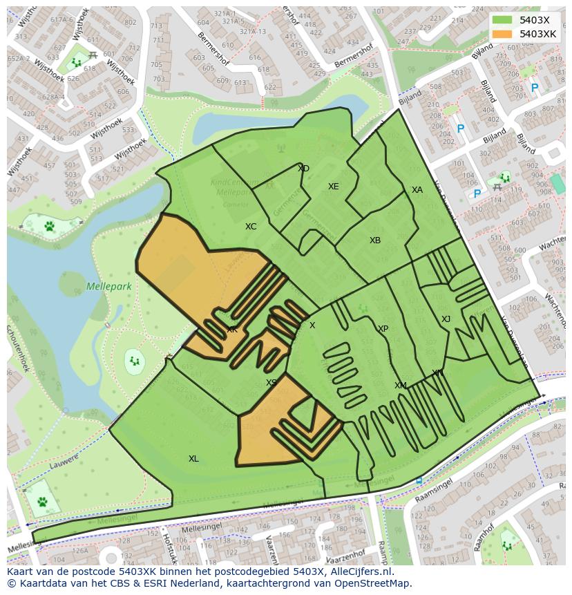 Afbeelding van het postcodegebied 5403 XK op de kaart.
