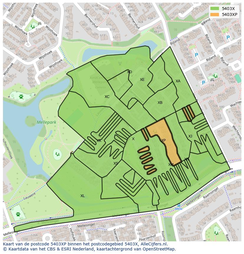 Afbeelding van het postcodegebied 5403 XP op de kaart.