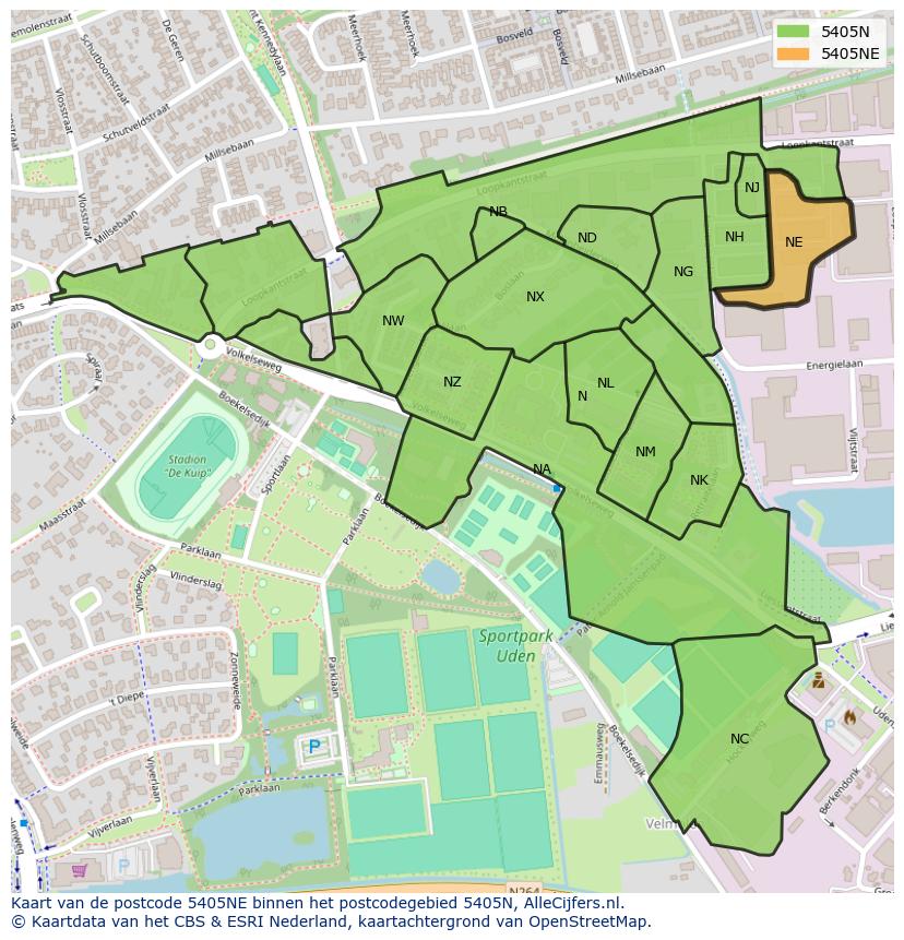 Afbeelding van het postcodegebied 5405 NE op de kaart.